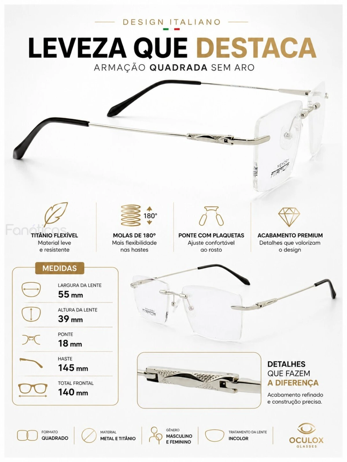 Armação de Óculos Balgriff Bucha Memory Titânio Flexivel Flutuante MT6942 Prata
