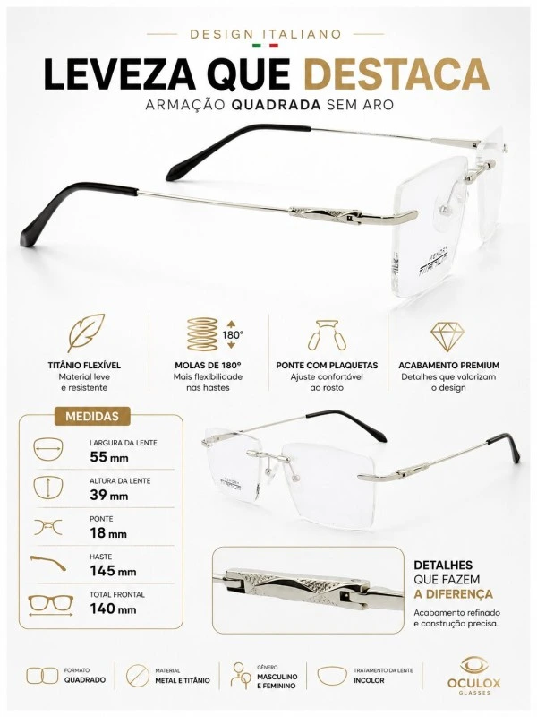 Armação de Óculos Balgriff Bucha Memory Titânio Flexivel Flutuante MT6942 Prata