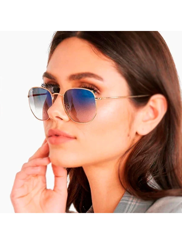 Óculos de Sol Hexagonal Dourado e Lente Azul Degrade