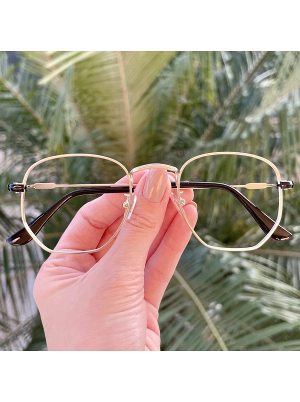 Armacao de Óculos Clipon Hexagonal 6167 Dourado e Marrom