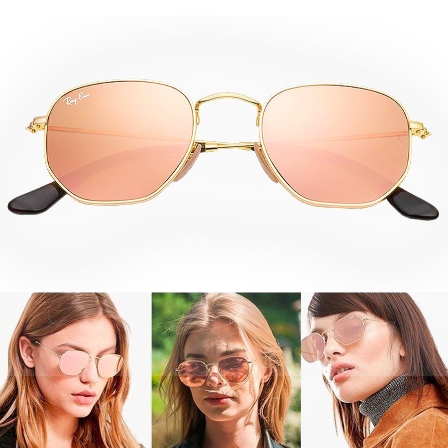 Hexagonal Ray-Ban Armação Dourada e Lente Rose RB 3548